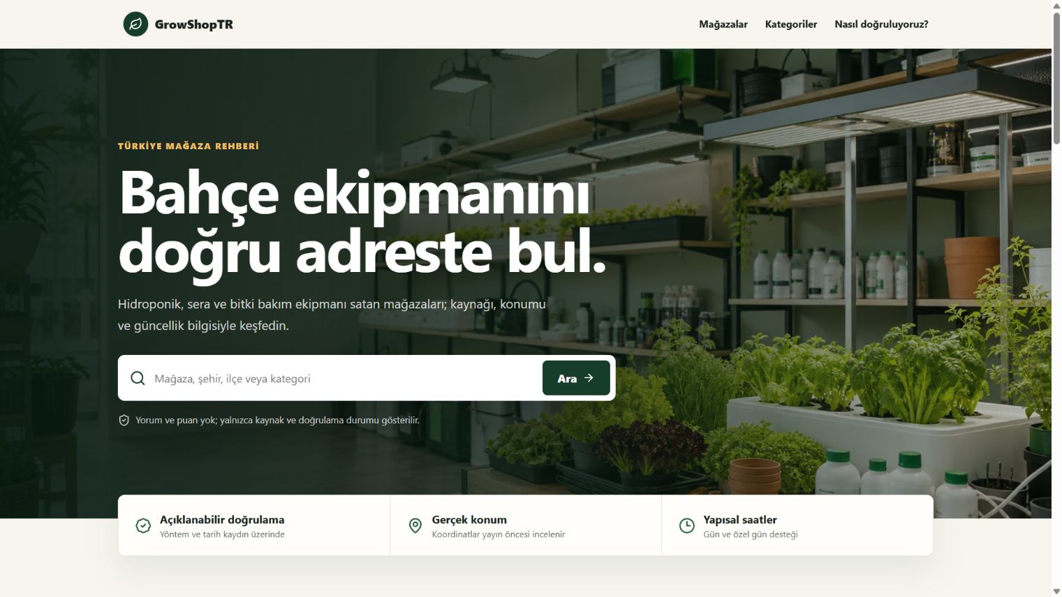GrowShopTR canlı ana sayfasında mağaza arama deneyimi
