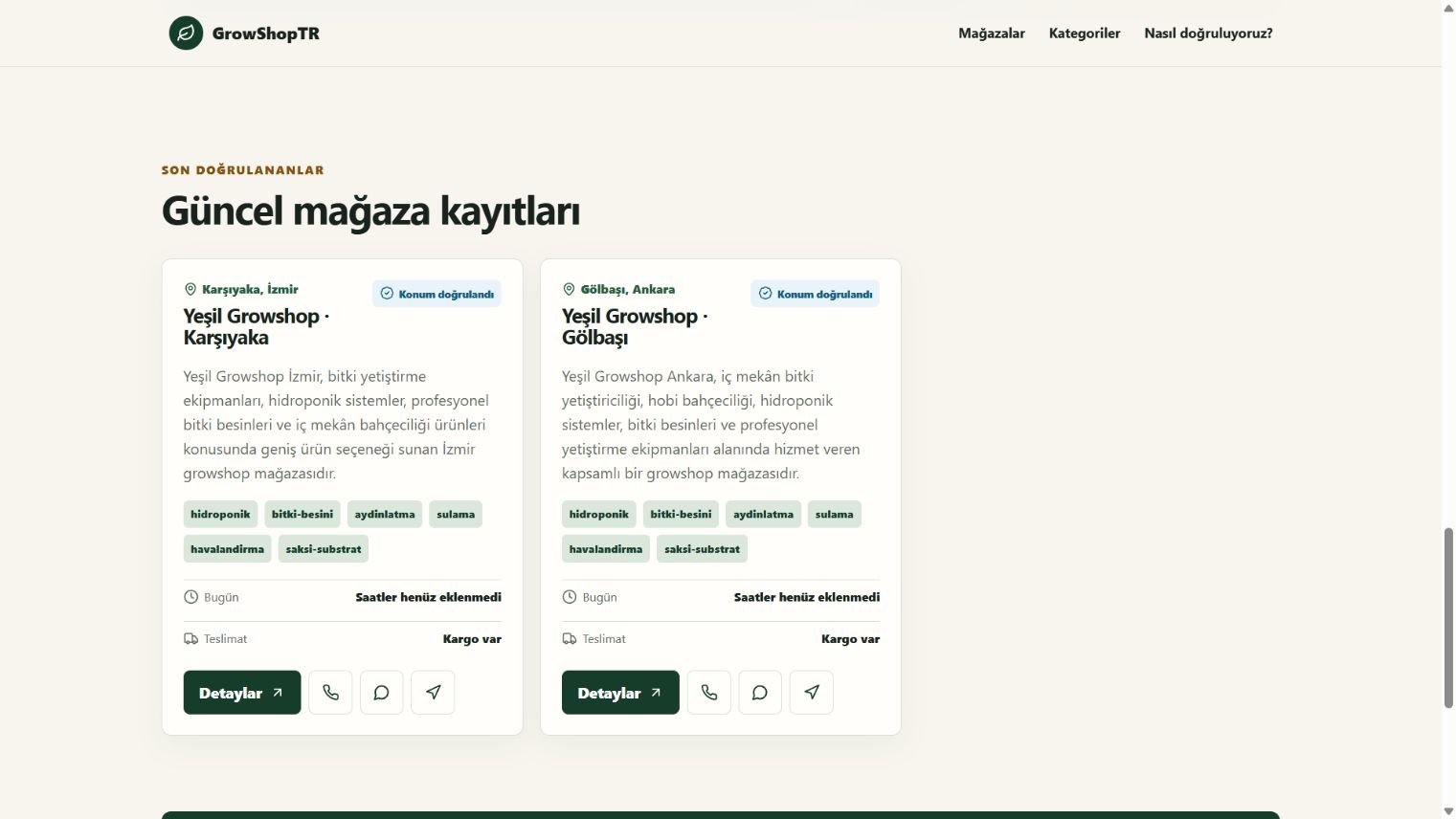 GrowShopTR doğrulanmış mağaza kartları