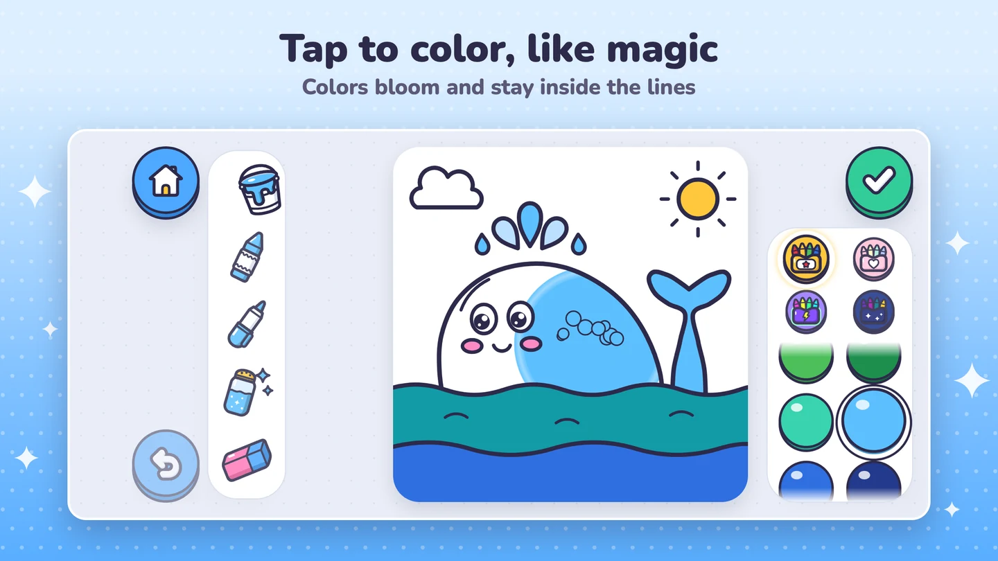 A whale being colored with Kalemo’s coloring tools