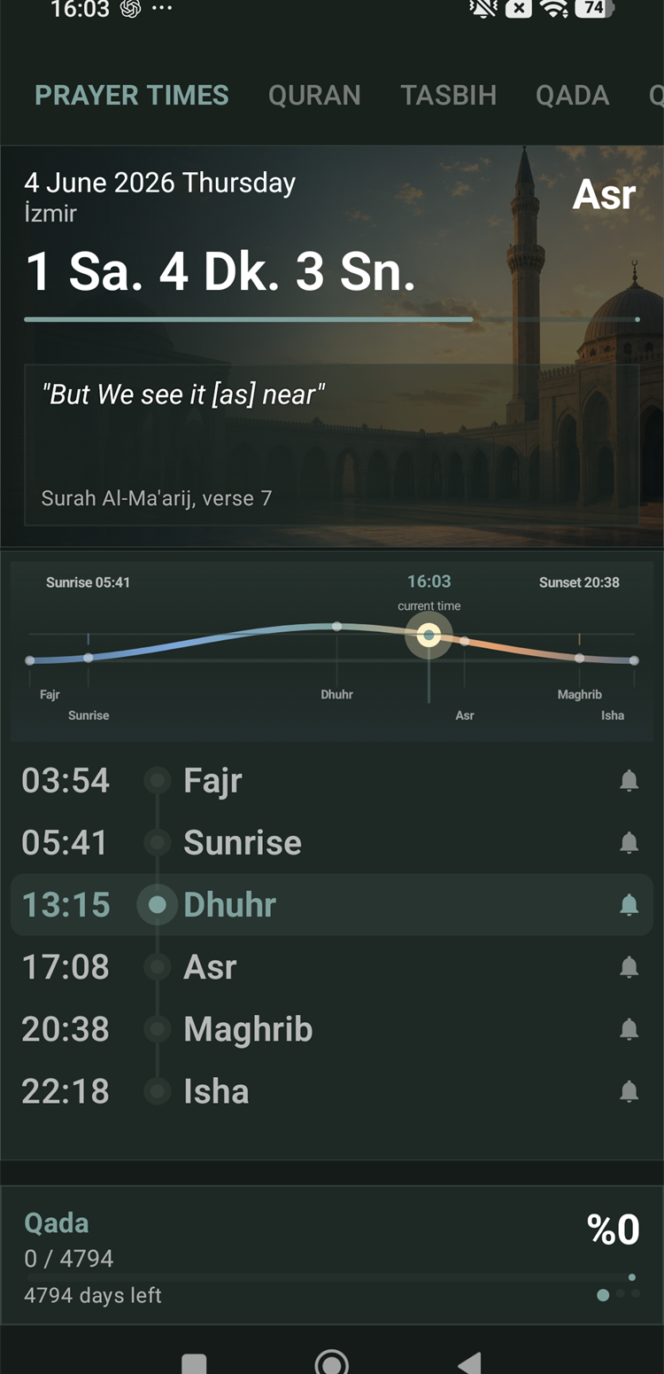 Sirat uygulamasının namaz vakitleri ekranı